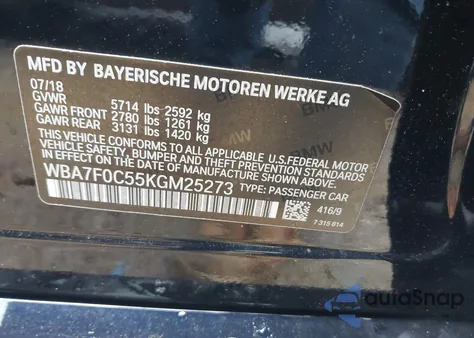 2019 BMW 750I из США, поврежденный, VIN WBA7F0C55KGM25273